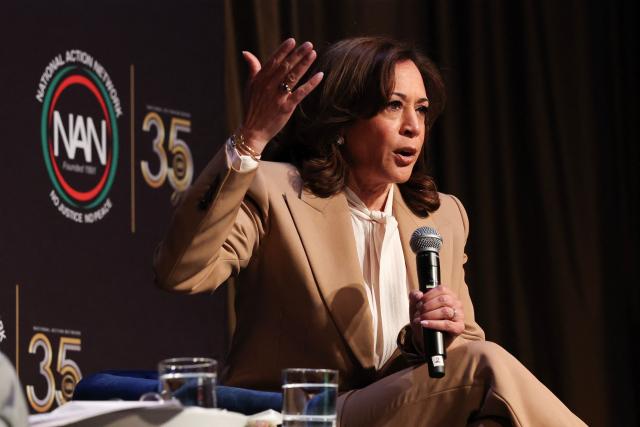 Former US Vice President Kamala Harris speaks at the National Action Network (NAN) convention in New York on April 10, 2026. (Photo by TIMOTHY A. CLARY / AFP)