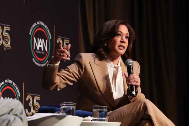 Former US Vice President Kamala Harris speaks at the National Action Network (NAN) convention in New York on April 10, 2026. (Photo by TIMOTHY A. CLARY / AFP)