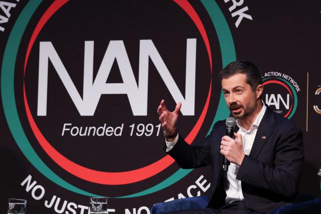 Former US Transportation Secretary Pete Buttigieg speaks at the National Action Network (NAN) convention in New York on April 10, 2026. (Photo by TIMOTHY A. CLARY / AFP)