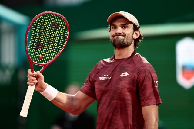 Monaco's Valentin Vacherot reacts as he plays against Australia's Alex De Minaur during the Monte Carlo ATP Masters Series Tournament quarter final tennis match on Court Rainier III at the Monte-Carlo Country Club in Roquebrune-Cap-Martin, south-eastern France on April 10, 2026. (Photo by Thibaud MORITZ / AFP)