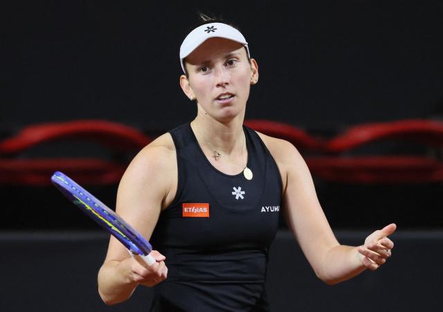 Belgium's Elise Mertens reacts as she competes against USA's McCartney Kessler during their women's singles match of the Billie Jean King Cup play-offs between Belgium and USA in Ostend on April 10, 2026. (Photo by BENOIT DOPPAGNE / Belga / AFP) / Belgium OUT