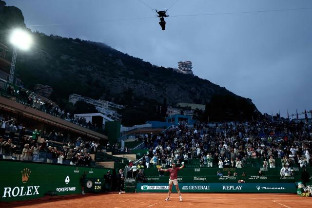 Monaco's Valentin Vacherot celebrates after winning against Australia's Alex De Minaur during the Monte Carlo ATP Masters Series Tournament quarter final tennis match on Court Rainier III at the Monte-Carlo Country Club in Roquebrune-Cap-Martin, south-eastern France on April 10, 2026. (Photo by Thibaud MORITZ / AFP)