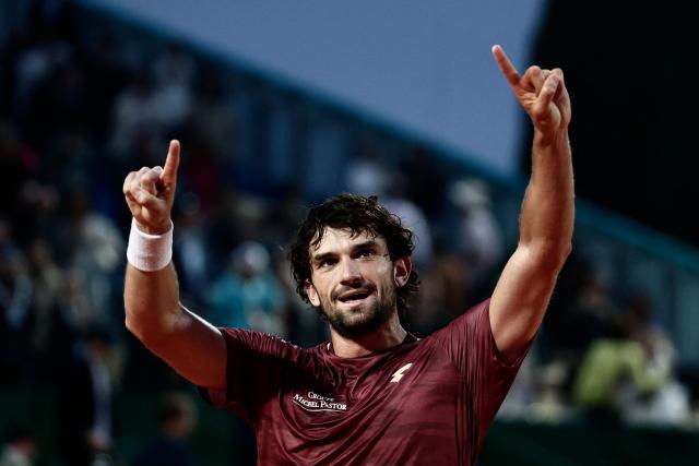 TOPSHOT - Monaco's Valentin Vacherot celebrates after winning against Australia's Alex De Minaur during the Monte Carlo ATP Masters Series Tournament quarter final tennis match on Court Rainier III at the Monte-Carlo Country Club in Roquebrune-Cap-Martin, south-eastern France on April 10, 2026. (Photo by Thibaud MORITZ / AFP)