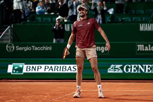 Monaco's Valentin Vacherot celebrates after winning against Australia's Alex De Minaur during the Monte Carlo ATP Masters Series Tournament quarter final tennis match on Court Rainier III at the Monte-Carlo Country Club in Roquebrune-Cap-Martin, south-eastern France on April 10, 2026. (Photo by Thibaud MORITZ / AFP)