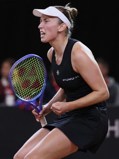 Belgium's Elise Mertens reacts as she competes against USA's McCartney Kessler during their women's singles match of the Billie Jean King Cup play-offs between Belgium and USA in Ostend on April 10, 2026. (Photo by BENOIT DOPPAGNE / Belga / AFP) / Belgium OUT