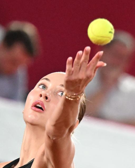 Austria's Anastasia Potapova serves the ball to Austria's Lilli Tagger during their women's quarter-finals match of the WTA Upper Austria Ladies Linz tennis tournament in Linz, Austria on April 10, 2026. (Photo by BARBARA GINDL / APA / AFP) / Austria OUT