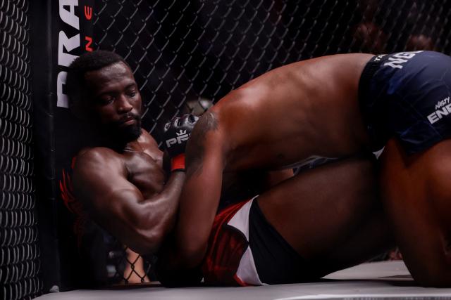 Guinea Bissau's Yabna N’Tchala competes with South Africa's Peace Nguphane during during the Professional Fighters League (PFL) welterweight tournament first round at the SunBet Arena in Pretoria, on April 10, 2026. (Photo by ILARIA FINIZIO / AFP)