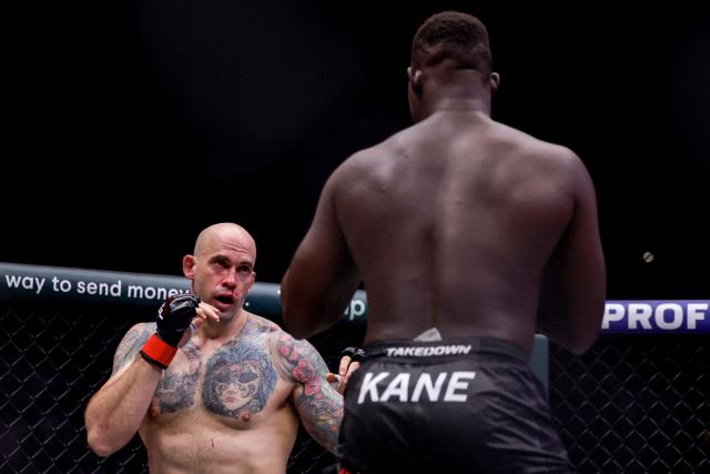 South Africa's Justin Clarke competes with Senegal's Abdoulaye Kane during the Professional Fighters League (PFL) heavyweight showcase co-main event at the SunBet Arena in Pretoria, on April 10, 2026. (Photo by ILARIA FINIZIO / AFP)