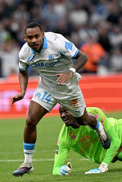 Marseille's Brazilian forward #14 Igor Paixao scores a goal during the French L1 football match between Olympique de Marseille (OM) and Metz FC at the Stade Velodrome in Marseille, southern France on April 10, 2026. (Photo by Gabriel BOUYS / AFP)