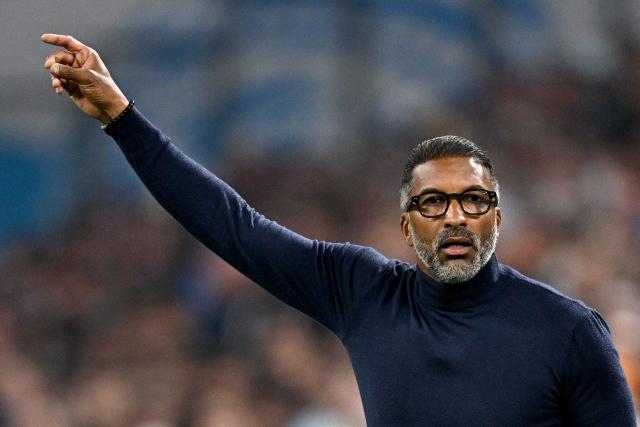 Marseille's French-Senegalese head coach Habib Beye reacts during the French L1 football match between Olympique de Marseille (OM) and Metz FC at the Stade Velodrome in Marseille, southern France on April 10, 2026. (Photo by Gabriel BOUYS / AFP)