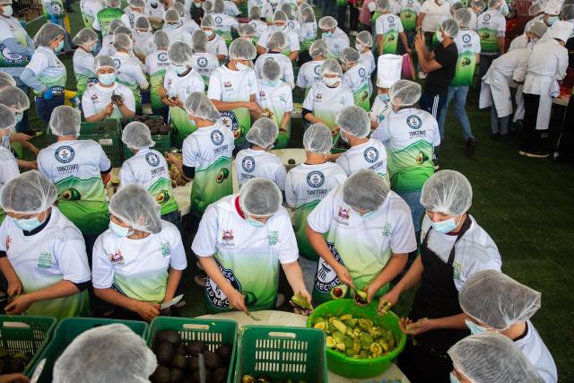 Participants prepare 6,800 kilos of Guacamole, a traditional Mexican dish made from avocados, tomatoes, onions, limes and coriander in Tancitaro, Michoacan state, Mexico on April 10, 2026. 800 people used 12 tons of avocados to complete the task on an attempt to break the Guinness World Record for the largest guacamole. Tancitaro is recognized as the "Avocado Capital," and the leading exporter of avocados to the US. (Photo by Enrique Castro / AFP)