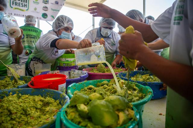 Participants prepare 6,800 kilos of Guacamole, a traditional Mexican dish made from avocados, tomatoes, onions, limes and coriander in Tancitaro, Michoacan state, Mexico on April 10, 2026. 800 people used 12 tons of avocados to complete the task on an attempt to break the Guinness World Record for the largest guacamole. Tancitaro is recognized as the "Avocado Capital," and the leading exporter of avocados to the US. (Photo by Enrique Castro / AFP)