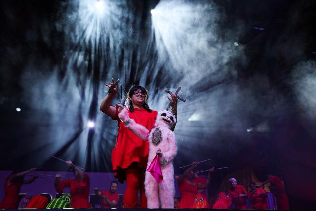 Puppeteers from the Bob Baker Marionette Theater perform onstage during the 2026 Coachella Valley Music and Arts Festival in Indio, California on April 10, 2026. (Photo by VALERIE MACON / AFP)