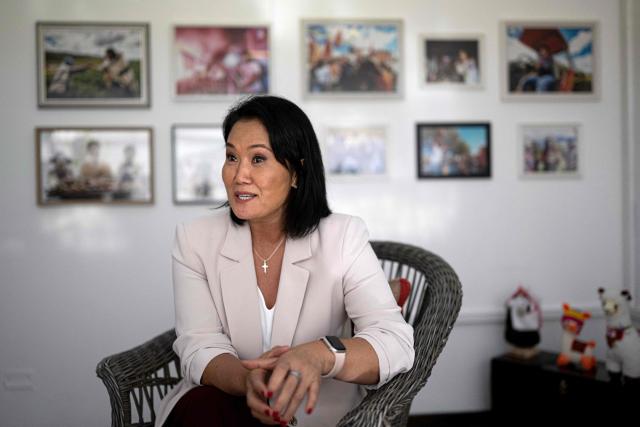 Peru's presidential candidate Keiko Fujimori, for the Fuerza Popular party, speaks during an interview with AFP at the party headquarters in Lima on April 10, 2026. Fujimori, the frontrunner in Peru's presidential race, vowed expel illegal migrants, attract US investment and extend a conservative tide sweeping power in Latin America, in an exclusive interview with AFP on April 10, 2026, on the eve of the April 12 election. (Photo by Ernesto BENAVIDES / AFP)