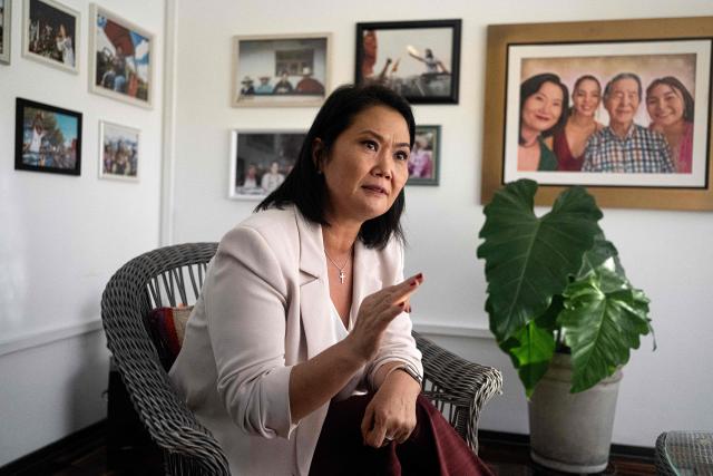Peru's presidential candidate Keiko Fujimori, for the Fuerza Popular party, speaks during an interview with AFP at the party headquarters in Lima on April 10, 2026. Fujimori, the frontrunner in Peru's presidential race, vowed expel illegal migrants, attract US investment and extend a conservative tide sweeping power in Latin America, in an exclusive interview with AFP on April 10, 2026, on the eve of the April 12 election. (Photo by Ernesto BENAVIDES / AFP)