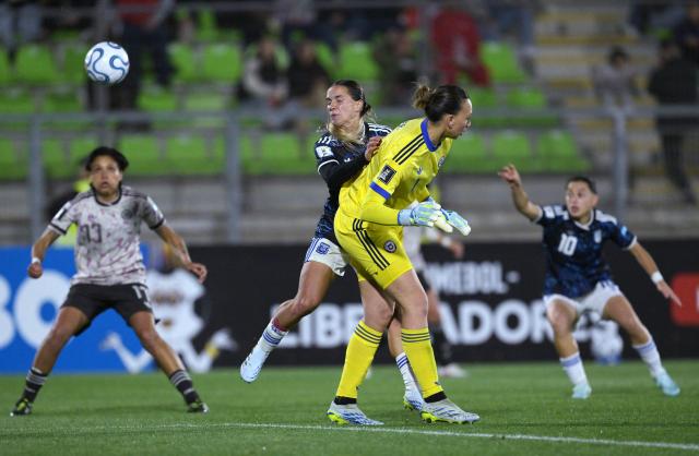 Argentina's forward #19 Agostina Holzheier and Chile's goalkeeper #01 Christiane Endler fight for the ball during the CONMEBOL Nations League Women football match between Chile and Argentina at the Elias Figueroa stadium in Valparaiso, Chile on April 10, 2026. (Photo by Rodrigo ARANGUA / AFP)