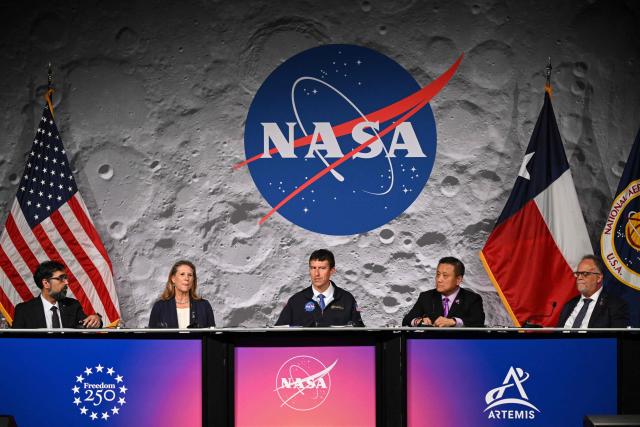 (L/R) NASA's associate administrator Amit Kshatriya, acting associate administrator for NASAs Exploration Systems Development Mission Directorate Lori Glaze, NASA flight director Rick Henfling, NASA Orion program manager Howard Hu and NASA's manager, exploration ground system Shawn Quinn participate in a press conference at Johnson Space Center in Houston, Texas, on April 10, 2026, after the Artemis II astronauts splashed down in the Pacific Ocean off the coast of California. The NASA spacecraft carrying four astronauts splashed down as planned April 10 off the California coast, capping the US space agency's successful crewed test mission around the Moon, the first such flyby in more than 50 years. Mission commander Reid Wiseman reported that the crewmembers -- himself along with Christina Koch, Victor Glover and Jeremy Hansen -- were "stable" and "green." (Photo by RONALDO SCHEMIDT / AFP)