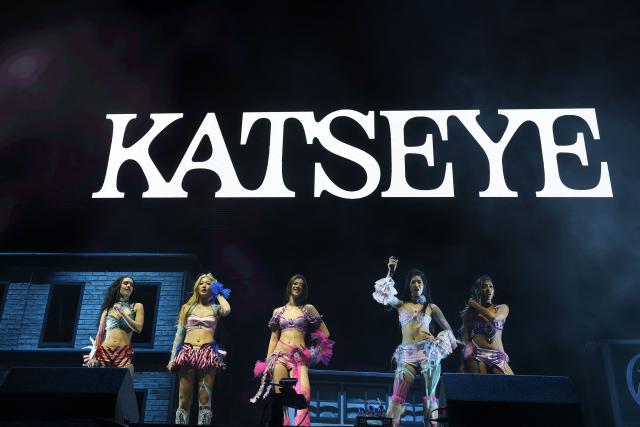 Members of the girl group Katseye perform onstage during the 2026 Coachella Valley Music and Arts Festival at the Empire Polo Club in Indio, California on April 10, 2026. (Photo by VALERIE MACON / AFP)