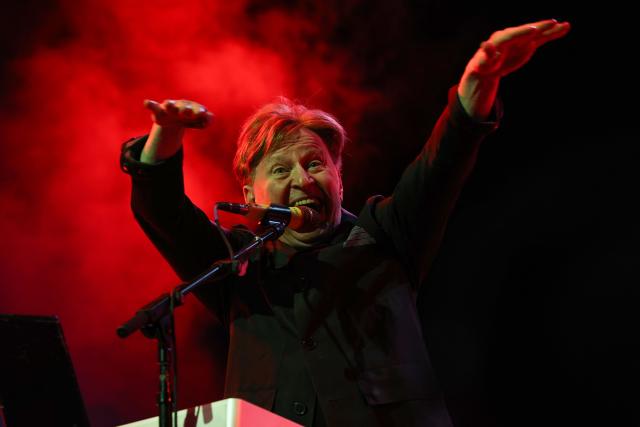 US singer and musician Gerald Casale of Devo performs on stage during the 2026 Coachella Valley Music and Arts Festival at the Empire Polo Club in Indio, California on April 10, 2026. (Photo by VALERIE MACON / AFP)