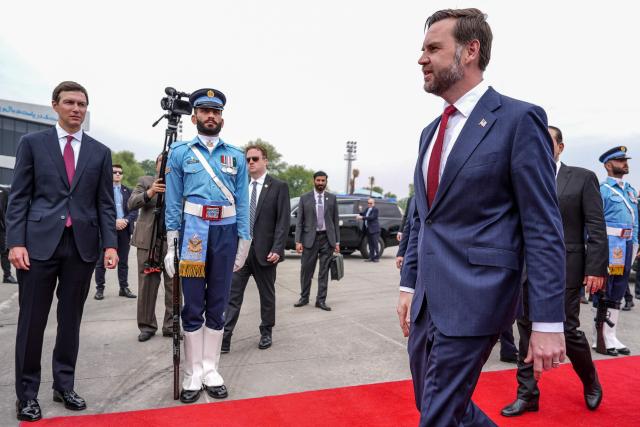 US Vice President JD Vance (R) walks as US President Donald Trump's son-in-law Jared Kushner (L) watches upon their arrival for US-Iran peace talks in Islamabad on April 11, 2026. US Vice President JD Vance arrived in Islamabad on April 11 for talks with Iran that the Pakistani premier hosting the warring sides called a "make or break" effort to permanently halt weeks of fighting in the Middle East. (Photo by Jacquelyn MARTIN / POOL / AFP)