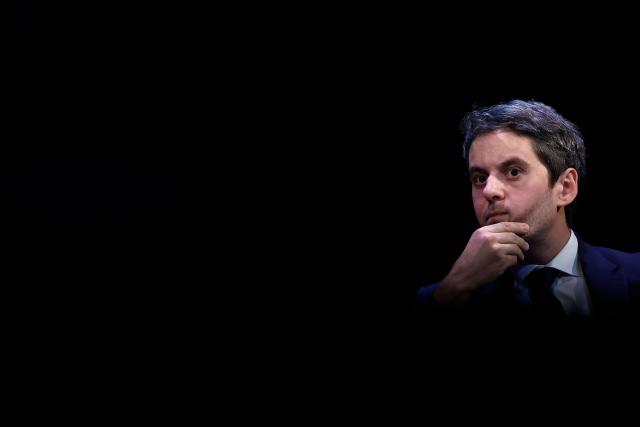 General Secretary of French centrist party Renaissance Gabriel Attal attends a debate session of the “Grand Dйbat des Gracques” on major national issues, at the Theatre de la Cite Internationale in Paris on April 11, 2026. (Photo by Ian LANGSDON / AFP)