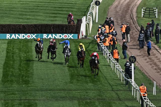 Mirabad with jockey Tristan Durrell (front R) leads the pack in the home stretch to go on and win the first race on the final day of the Grand National Festival horse race meeting at Aintree Racecourse in Liverpool, north-west England on April 11, 2026. (Photo by Paul ELLIS / AFP)