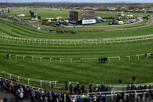 Racegoers watch the first race on the final day of the Grand National Festival horse race meeting at Aintree Racecourse in Liverpool, north-west England on April 11, 2026. (Photo by Paul ELLIS / AFP)