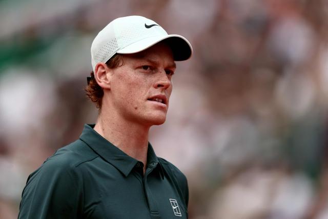 Italy's Jannik Sinner looks on as he plays against Germany's Alexander Zverev during the Monte Carlo ATP Masters Series Tournament semi-final tennis match on Court Rainier III at the Monte-Carlo Country Club in Roquebrune-Cap-Martin, south-eastern France on April 11, 2026. (Photo by Thibaud MORITZ / AFP)