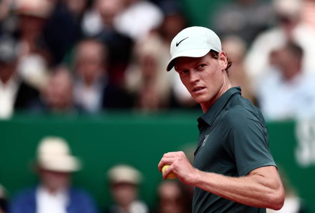 Italy's Jannik Sinner looks on as he plays against Germany's Alexander Zverev during the Monte Carlo ATP Masters Series Tournament semi-final tennis match on Court Rainier III at the Monte-Carlo Country Club in Roquebrune-Cap-Martin, south-eastern France on April 11, 2026. (Photo by Thibaud MORITZ / AFP)