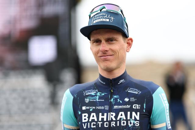Bahrain Victorious's Slovenian rider Matej Mohoric attends the teams' presentations event on the eve of the 123rd edition of the Paris-Roubaix one-day classic cycling race, 258.3 km between Compiegne and Roubaix, in Compiegne, northern France, on April 11, 2026. (Photo by Anne-Christine POUJOULAT / AFP)