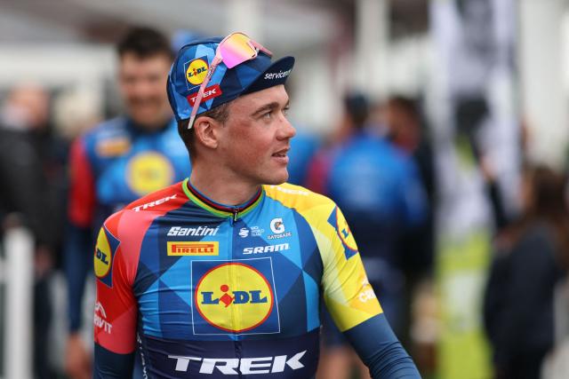 Lidl-Trek's Danish rider Mads Pedersen attends the teams' presentations event on the eve of the 123rd edition of the Paris-Roubaix one-day classic cycling race, 258.3 km between Compiegne and Roubaix, in Compiegne, northern France, on April 11, 2026. (Photo by Anne-Christine POUJOULAT / AFP)