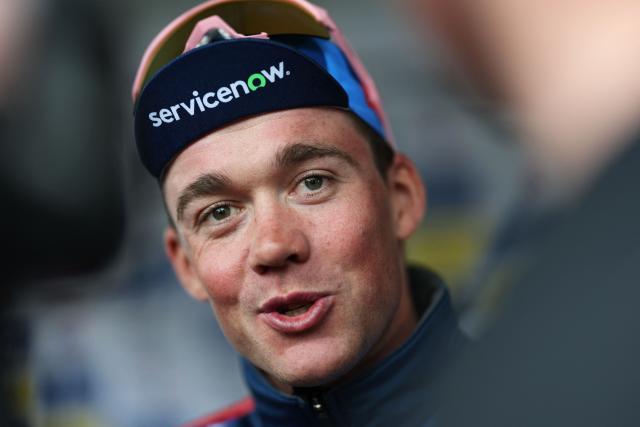 Lidl-Trek's Danish rider Mads Pedersen attends the teams' presentations event on the eve of the 123rd edition of the Paris-Roubaix one-day classic cycling race, 258.3 km between Compiegne and Roubaix, in Compiegne, northern France, on April 11, 2026. (Photo by Anne-Christine POUJOULAT / AFP)