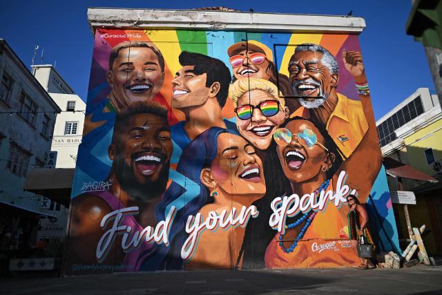 View of a mural at the historical center in Willemstad, in the Dutch Caribbean, on April 10, 2026. (Photo by Raul ARBOLEDA / AFP)