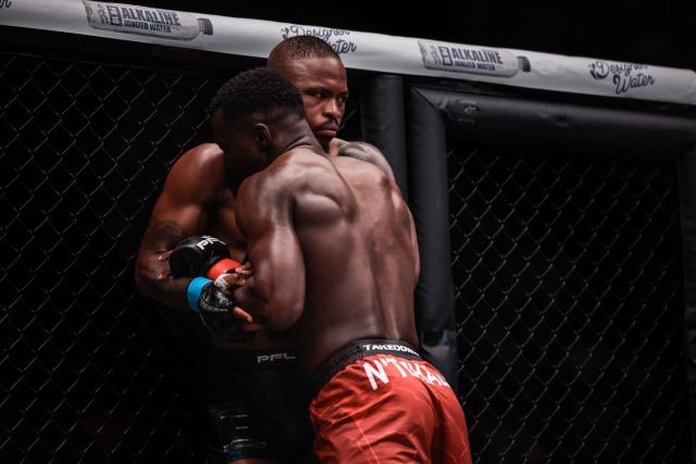 South Africa’s Peace Nguphane competes against Brazil’s Yabna N’Tchala during the Professional Fighters League (PFL) welterweight tournament first round at the SunBet Arena in Pretoria, on April 10, 2026. (Photo by ILARIA FINIZIO / AFP)