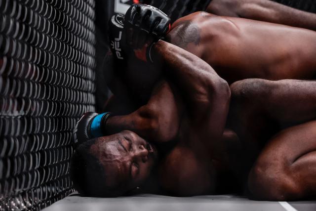 South Africa’s Peace Nguphane competes against Brazil’s Yabna N’Tchala (unseen) during the Professional Fighters League (PFL) welterweight tournament first round at the SunBet Arena in Pretoria, on April 10, 2026. (Photo by ILARIA FINIZIO / AFP)