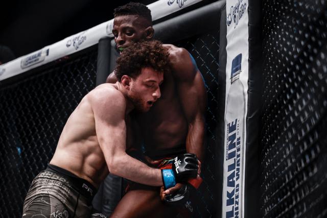South Africa’s Nkosi Ndebele competes against Italy’s Michele Clemente during the Professional Fighters League (PFL) bantamweight showcase main event at the SunBet Arena in Pretoria, on April 10, 2026. (Photo by ILARIA FINIZIO / AFP)