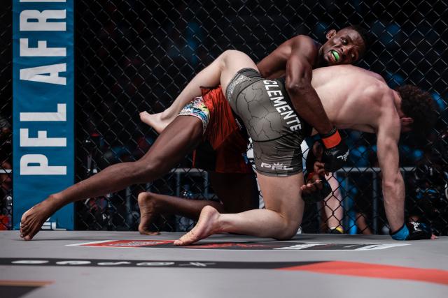 South Africa’s Nkosi Ndebele competes against Italy’s Michele Clemente during the Professional Fighters League (PFL) bantamweight showcase main event at the SunBet Arena in Pretoria, on April 10, 2026. (Photo by ILARIA FINIZIO / AFP)