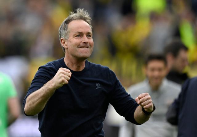 Bayer Leverkusen's Danish head coach Kasper Hjulmand reacts at the end of the German first division Bundesliga football match between Borussia Dortmund and Bayer Leverkusen in Dortmund, western Germany, on April 11, 2026. (Photo by INA FASSBENDER / AFP) / DFL REGULATIONS PROHIBIT ANY USE OF PHOTOGRAPHS AS IMAGE SEQUENCES AND/OR QUASI-VIDEO