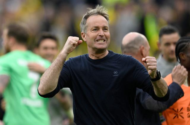 Bayer Leverkusen's Danish head coach Kasper Hjulmand reacts at the end of the German first division Bundesliga football match between Borussia Dortmund and Bayer Leverkusen in Dortmund, western Germany, on April 11, 2026. (Photo by INA FASSBENDER / AFP) / DFL REGULATIONS PROHIBIT ANY USE OF PHOTOGRAPHS AS IMAGE SEQUENCES AND/OR QUASI-VIDEO