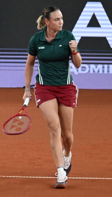 Croatia's Donna Vekic reacts while playing against Austria's Anastasia Potapova during their women's semi-final match of the WTA Upper Austria Women's Linz tennis tournament in Linz, Austria on April 11, 2026. (Photo by BARBARA GINDL / APA / AFP) / Austria OUT