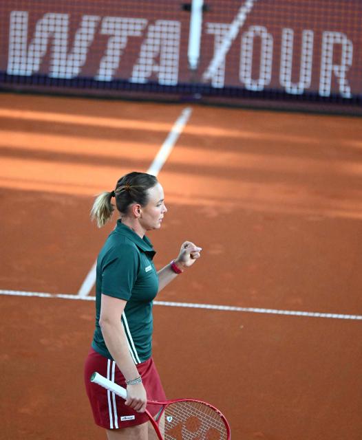Croatia's Donna Vekic reacts while playing against Austria's Anastasia Potapova during their women's semi-final match of the WTA Upper Austria Women's Linz tennis tournament in Linz, Austria on April 11, 2026. (Photo by BARBARA GINDL / APA / AFP) / Austria OUT