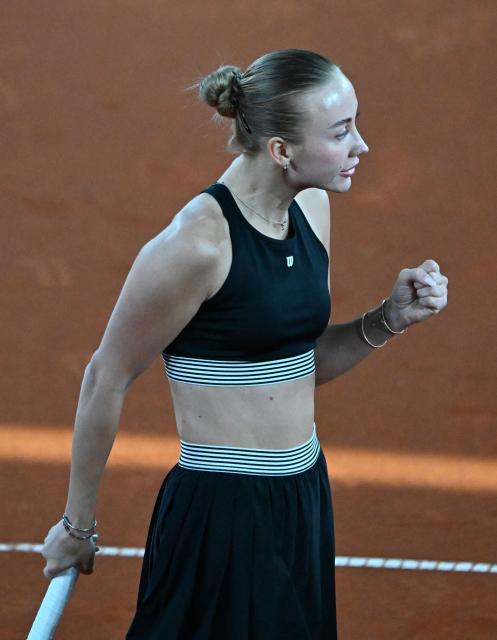 Austria's Anastasia Potapova reacts while playing against Croatia's Donna Vekic during their women's semi-final match of the WTA Upper Austria Women's Linz tennis tournament in Linz, Austria on April 11, 2026. (Photo by BARBARA GINDL / APA / AFP) / Austria OUT