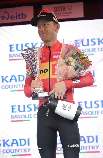 Third placed Team Uno-X's Norwegian rider Tobias Johannessen celebrates on the podium of the 2026 Basque Country's Itzulia cycling tour after the sixth and last stage, in Bergara, on April 11, 2026. (Photo by ANDER GILLENEA / AFP)