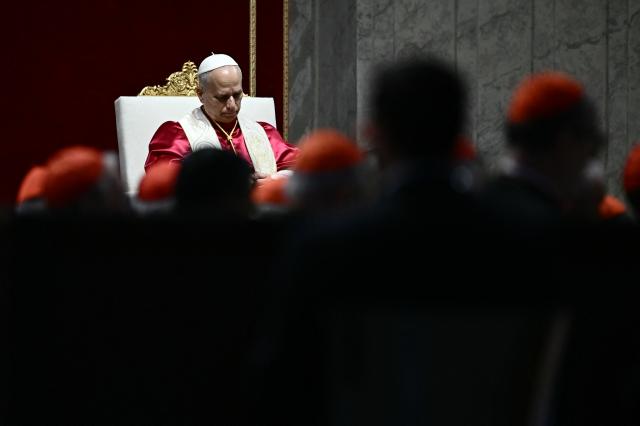 Pope Leo XIV presides over a prayer vigil for peace inside St. Peter's Basilica at the Vatican on April 11, 2026. (Photo by Filippo MONTEFORTE / AFP)