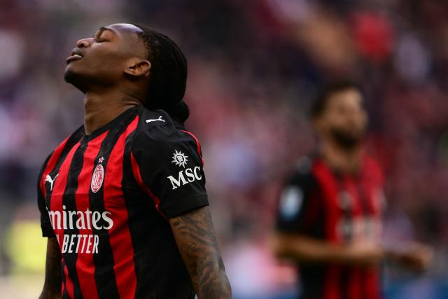 AC Milan Portuguese forward #10 Rafael Leão reacts during the Italian Serie A football match between AC Milan and Udinese at the San Siro stadium in Milan, northern Italy, on April 11, 2026. (Photo by MARCO BERTORELLO / AFP)