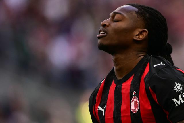 AC Milan Portuguese forward #10 Rafael Leão reacts during the Italian Serie A football match between AC Milan and Udinese at the San Siro stadium in Milan, northern Italy, on April 11, 2026. (Photo by MARCO BERTORELLO / AFP)