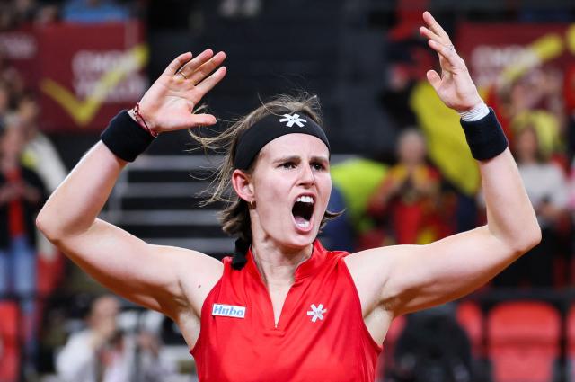 Belgium's Greet Minnen celebrates after winning her match against USA's Iva Jovic during the Billie Jean King Cup tennis play-offs in Ostend on April 11, 2026. (Photo by BENOIT DOPPAGNE / Belga / AFP) / Belgium OUT
