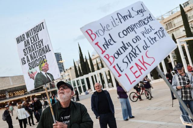 Israeli left-wing activists demonstrate in HaBima Square against the ongoing war with Iran and against the Israeli government in Tel Aviv on April 11, 2026. Since the ceasefire between Israel, the United States, and Iran came into effect, a relative calm has prevailed, with no bombings reported in Iran or the Gulf, after five weeks of conflict that left thousands dead, primarily in Iran and Lebanon. (Photo by Jack GUEZ / AFP)