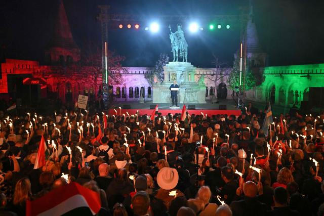 Hungarian Prime Minister Viktor Orban addresses supporters during his campaign closing rally at Buda Castle in Budapest on April 11, 2026, on the eve of the general election in Hungary. (Photo by Attila KISBENEDEK / AFP)