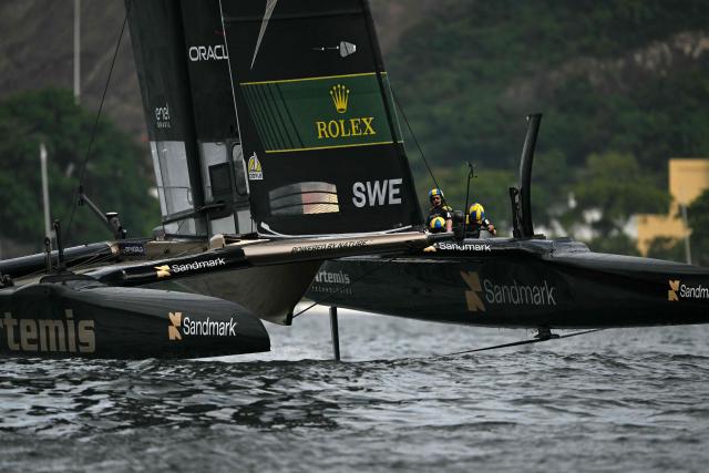 Sweden's team competes during the Rio 2026 SailGP race day 1, in Guanabara Bay in Rio de Janeiro, Brazil on April 11, 2026. (Photo by Mauro PIMENTEL / AFP)